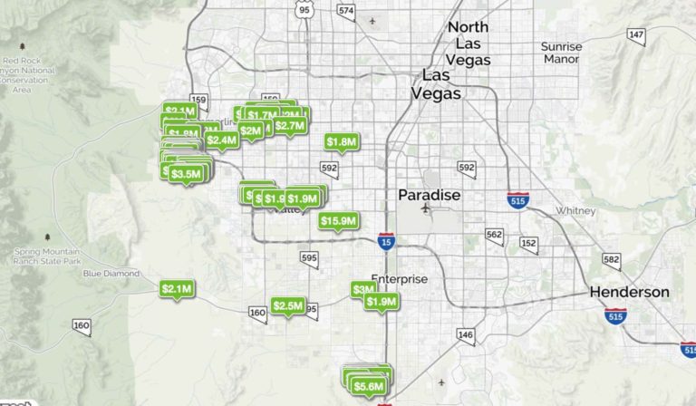 Homes are pinned with prices on a southwest las vegas zip code map