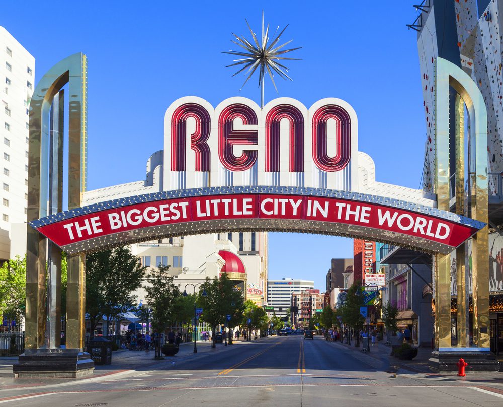 City of Reno showing with sign that reads RENO, The Biggest Little City in the World