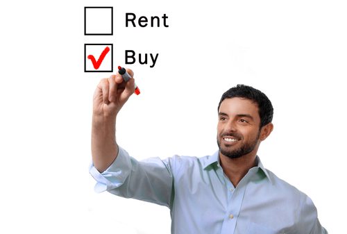 Man has decided to buy a house instead of rent as indicated by his red checkmark choice