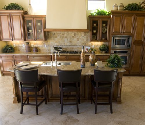 Brown Kitchen, Island, Stainless appliances, backsplash