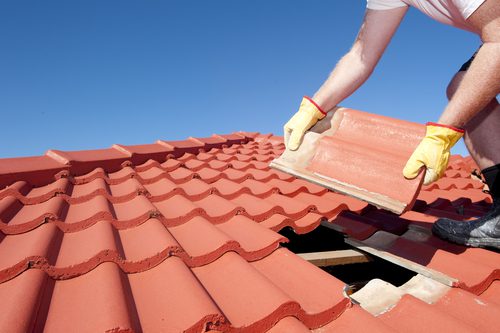 Tiles in the roof are being repaired during Nevada national rebuilding day