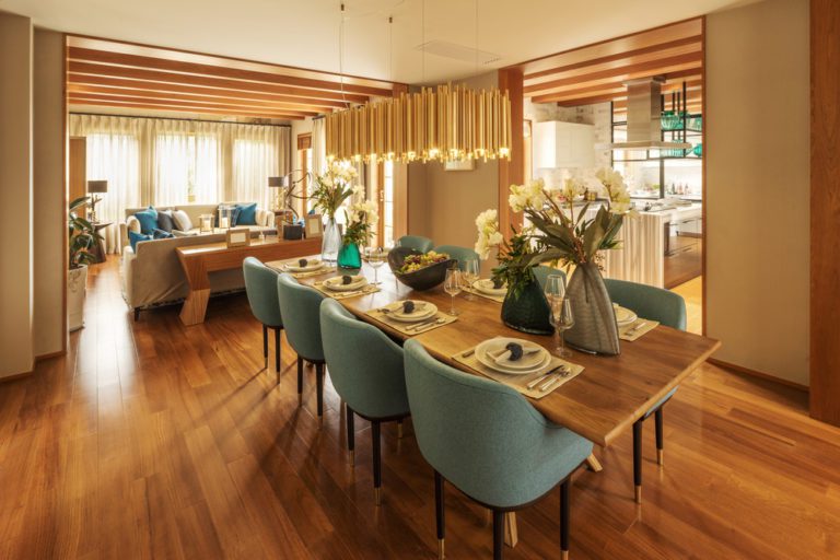 Tan Kitchen, Teal Chairs