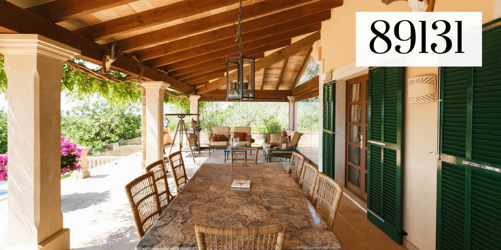 Backyard of home showing large table and reads 89131