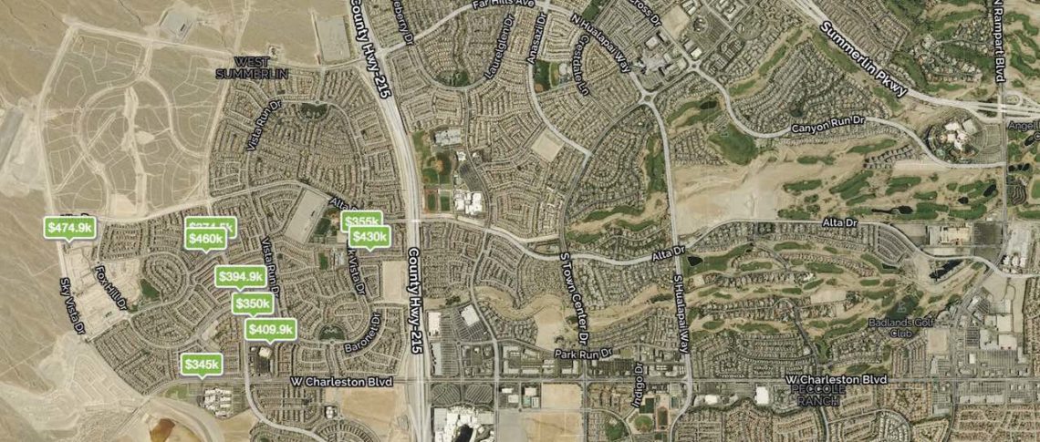Homes are pinned on a Las Vegas Map with prices in the 89138 Zip Code