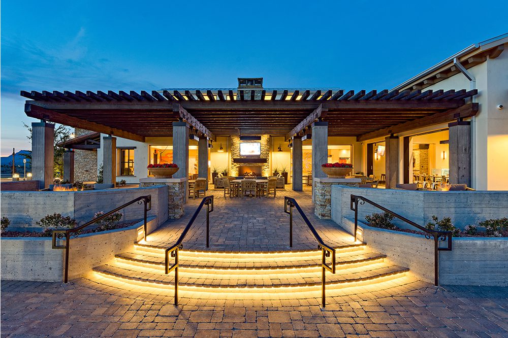 Skye Canyon Recreation Center, Night shot, lights are on, shows large building with circular steps