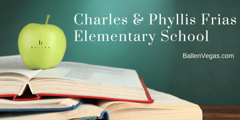 Chalkboard, Stack of school Books, Apple with ballen logo and words say Charles & Phyllis Frias Elementary School  plus Ballenvegas.com