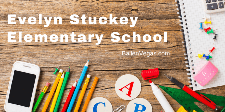Evelyn Stuckey Elementary School is written on a desk with school pencils, letters, markers