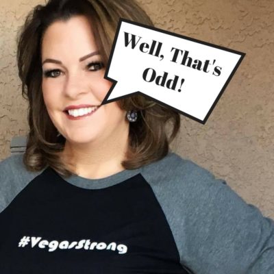 Lori Ballen with a Vegas Strong shirt on has a speech bubble that reads Well, That's Odd in reference to the 404 error 