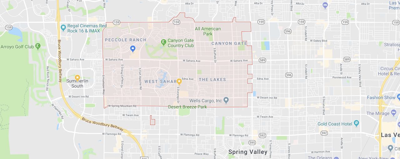 The Southwest Las Vegas Zip Code 89117 is marked out in red showing it's boundaries on a Las Vegas city map