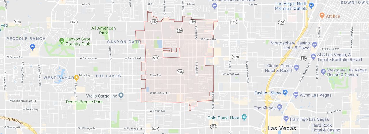 The boundaries of the 89146 zip code are outlined in red on a city of las vegas map