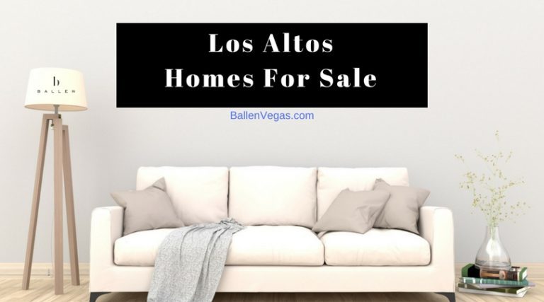 White Couch in a living room with throw pillows and a grey blanket, lamp has the BallenVegas.com Real Estate Logo, and banner reads Los Altos Homes For Sale