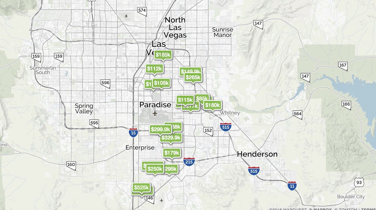 South Las Vegas is showing on a Las Vegas City Map with homes pinned in green prices