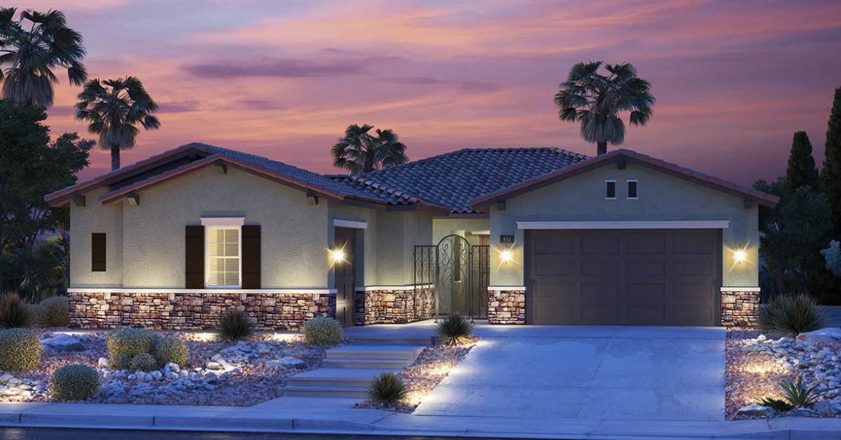 Single Story House is a new construction model by Lennar in the North Creek Neighborhood. Sunset and house is lit.