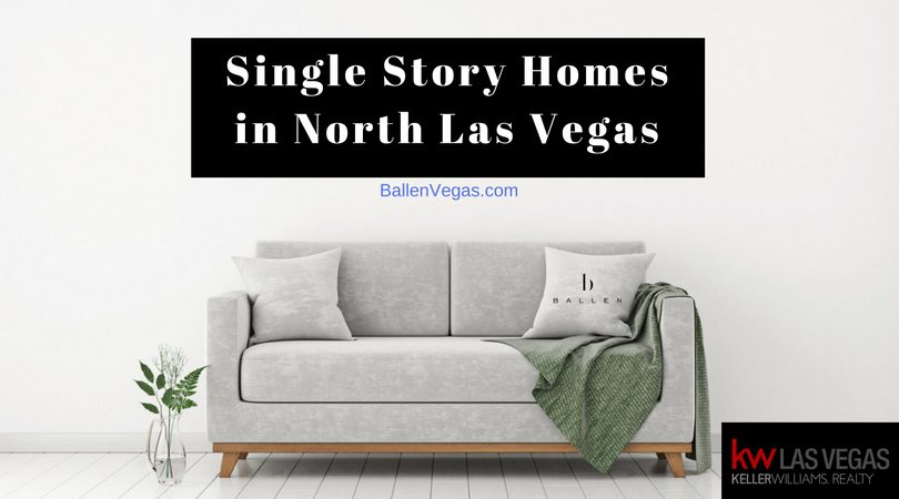 grey couch and green blanket are in a simple living room. Banner reads single story homes in north las vegas