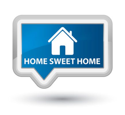 A little pop up icon is blue, white borders, and words say home sweet home for the blog