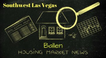 Black Background, bright yellow drawings of a house, magnifying glass, spreadsheet, and words spell out southwest las vegas ballen housing market news