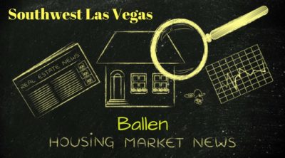 Black Background, bright yellow drawings of a house, magnifying glass, spreadsheet, and words spell out southwest las vegas ballen housing market news