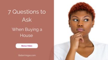 Young woman has her hand on her chin and looks like she is wondering something, words next to her are "7 questions to ask when buying a house"