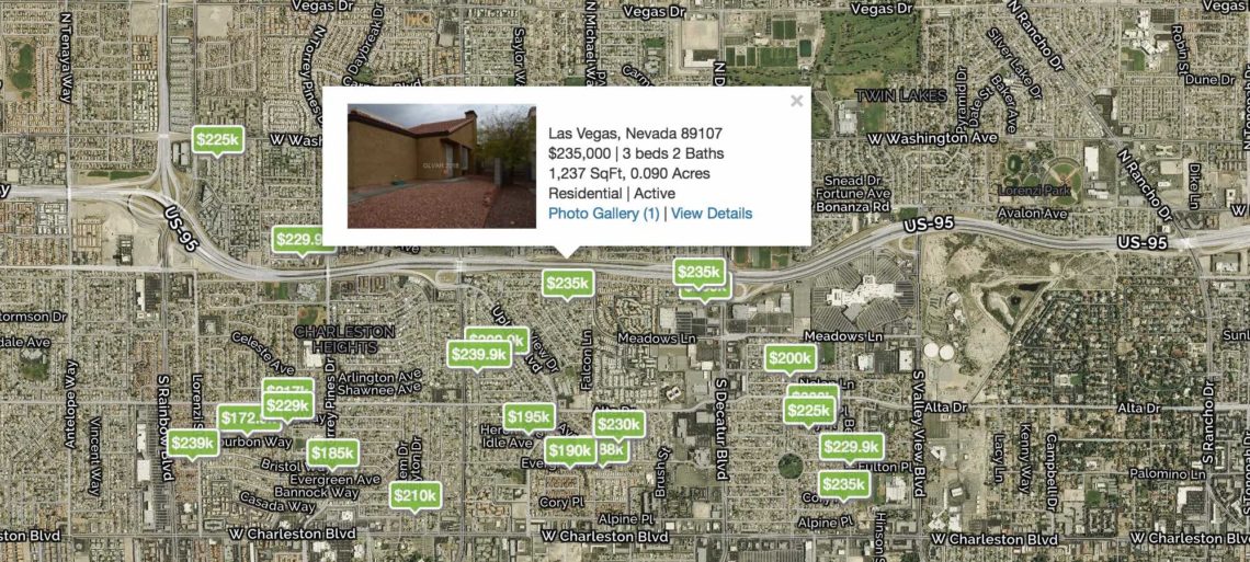 A Las Vegas City Map with green prices of home listings in 89107
