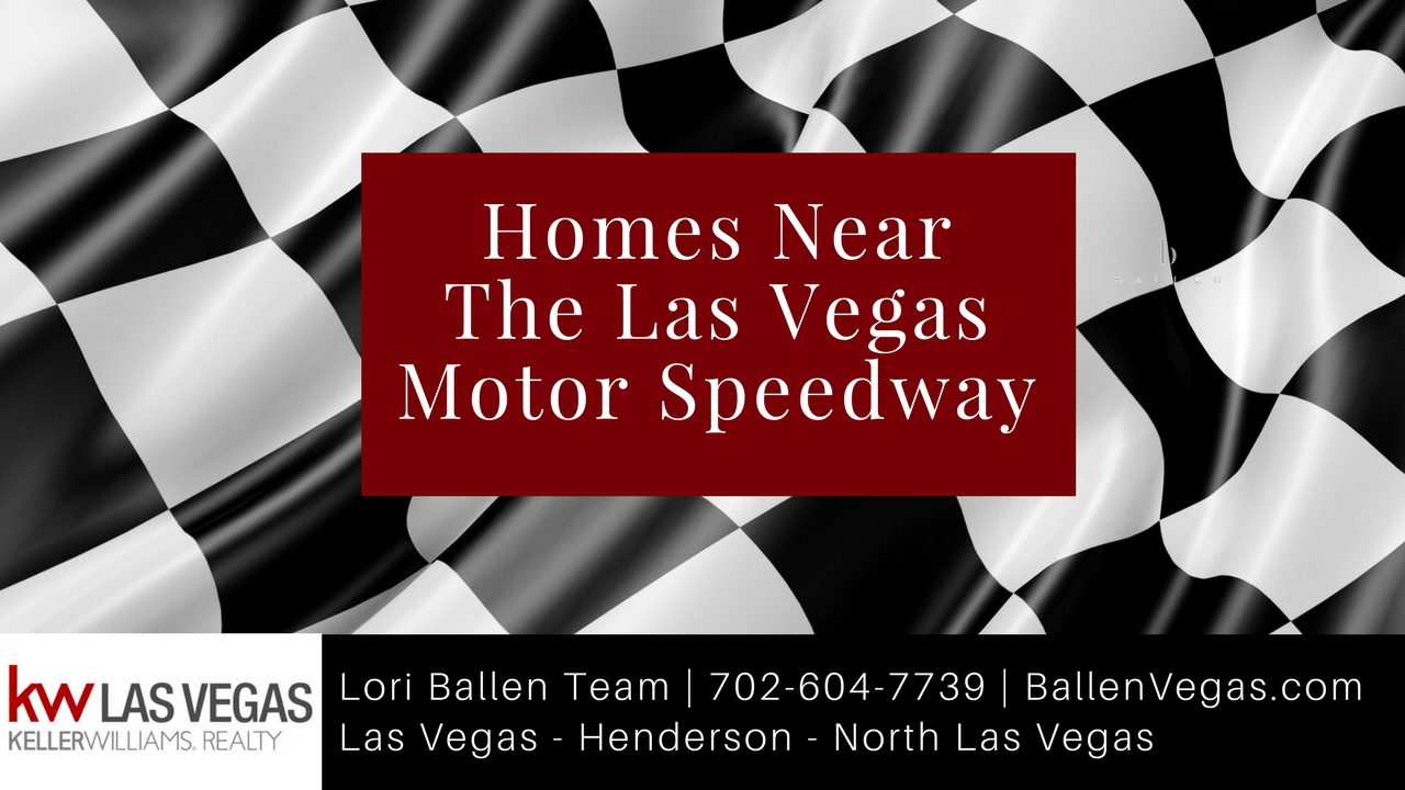 Checkered race flag is on a banner with a burgandy box with letters that spell out Homes Near The Las Vegas Motor Speedway