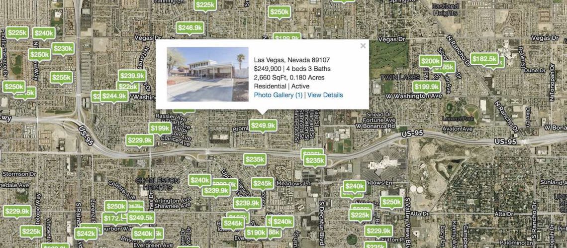 City map of Las Vegas featuring single family homes with green price tags on the map of the Northwest part of the Valley