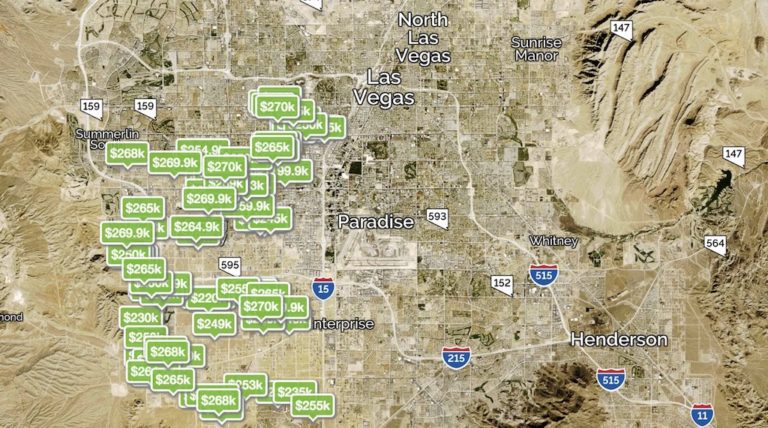 Map of Las Vegas with homes pinned with prices in the Southwest Area
