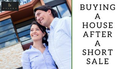 Couple is smiling and looking over at the new house they bought. Words next to them read buying a house after a short sale