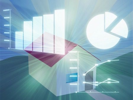 market report concept with pie chart, graph and house in background