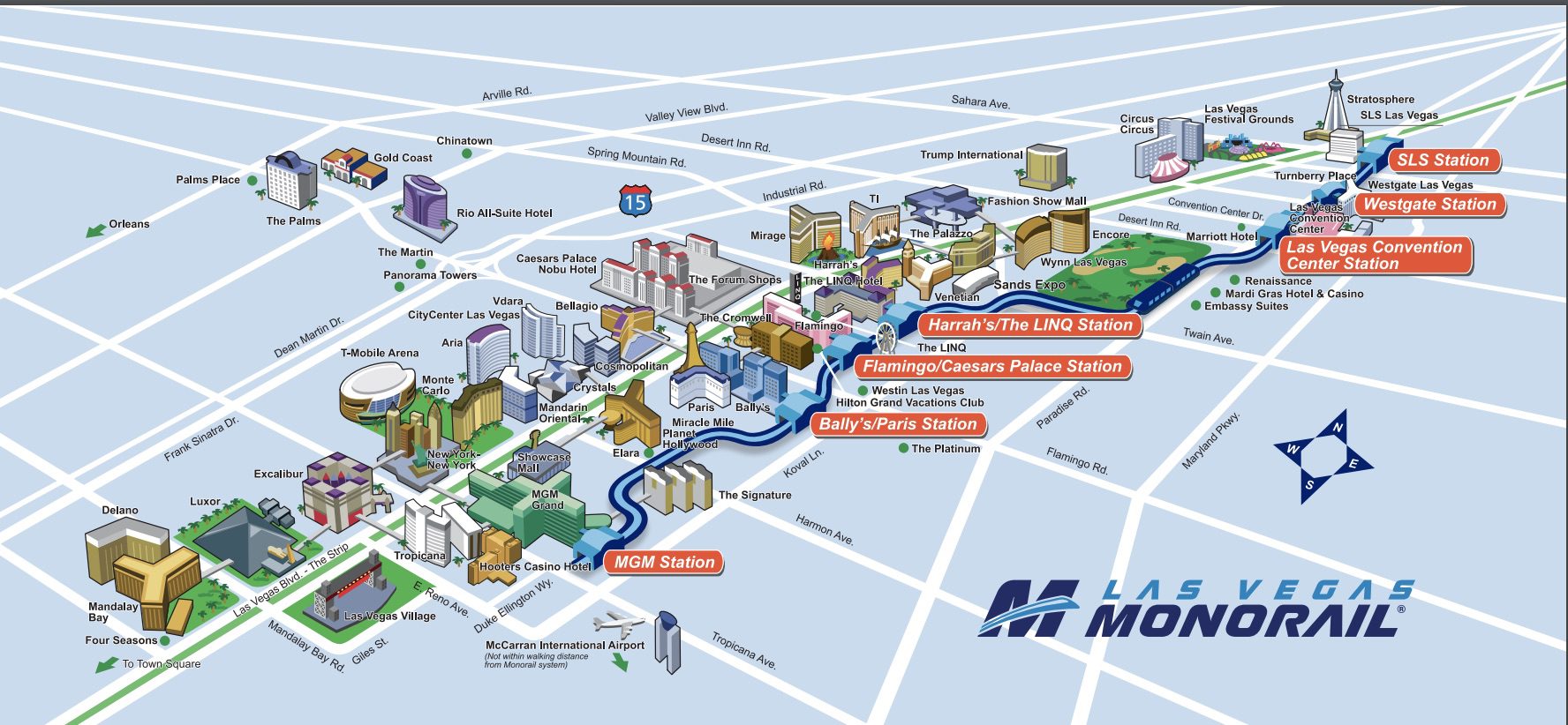 Monorail Map shows going up and down the strip