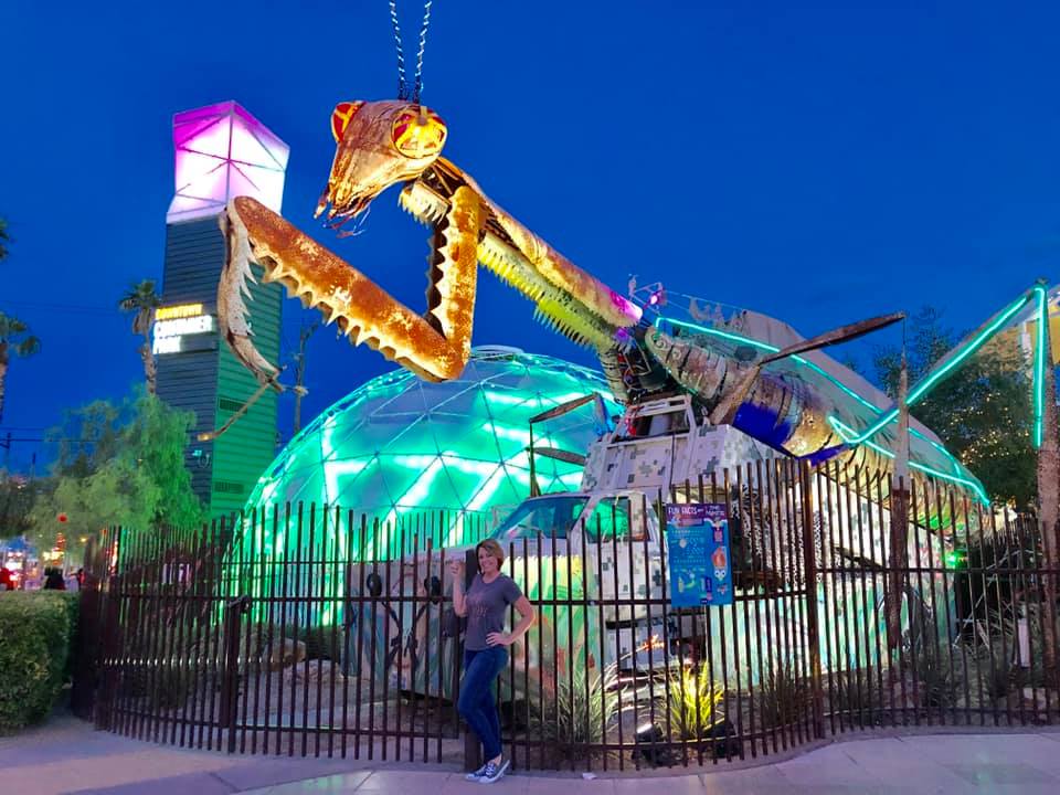 Container Park is an outdoor shopping mall in Downtown Las Vegas where everything is built inside of containers. The praying mantis is at the entry.