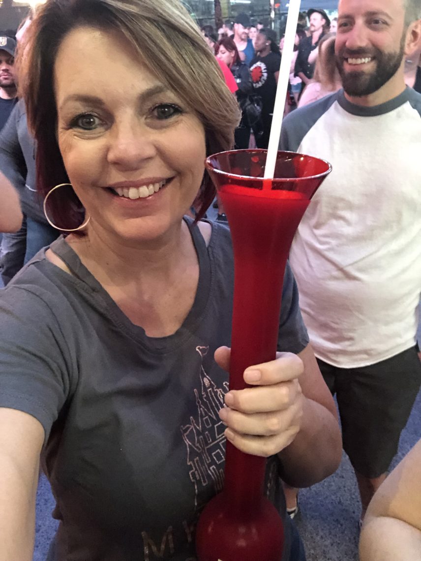 Once we got over to Fremont street to enjoy the free concert, we enjoyed our giant frozen pina coladas and appreciated the zip liners whizzing by over our heads superman style as they departed the Sloztilla Zip Line.