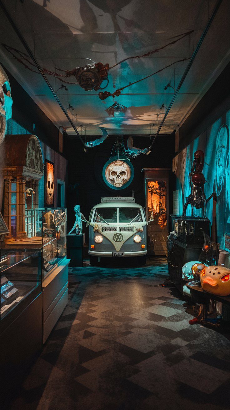 ai image depicting Dr. Jack Kevorkian’s Death Van: The actual van used by Dr. Kevorkian, known for his controversial work with assisted suicide. Visitors report feeling sudden chills and unease when near it.