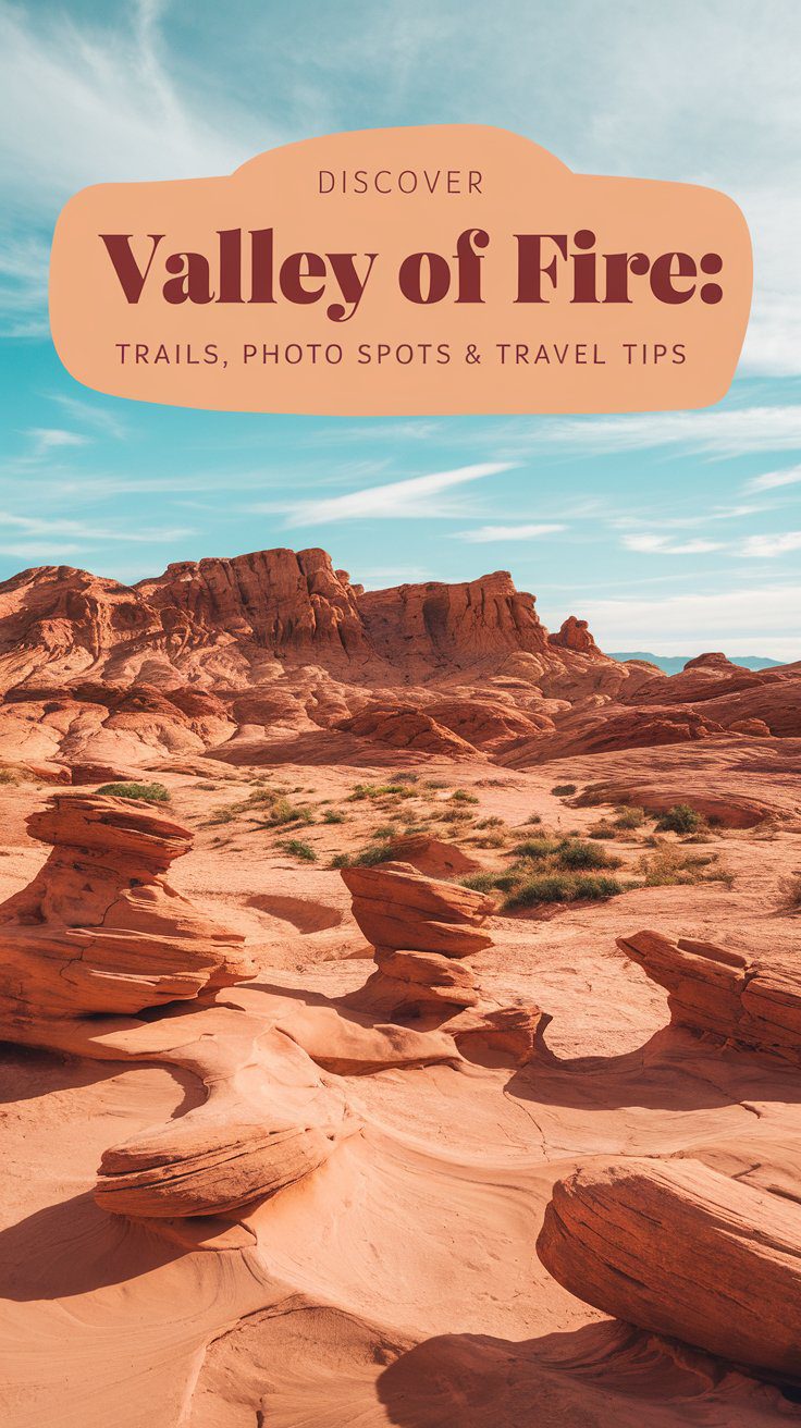 A stunning desert scene of Valley of Fire State Park on a sunny day, showcasing vibrant red rock formations and sweeping, rugged landscapes under a clear blue sky. In the foreground, unique sandstone shapes create natural depth and texture. A Pinterest-style overlay text reads, 'Discover Valley of Fire: Trails, Photo Spots & Travel Tips' in a soft, inviting font with warm, earthy tones. The text is styled with a slight shadow for contrast, designed to attract a female audience interested in travel and nature photography. Perfect for an adventurous, yet feminine Pinterest aesthetic