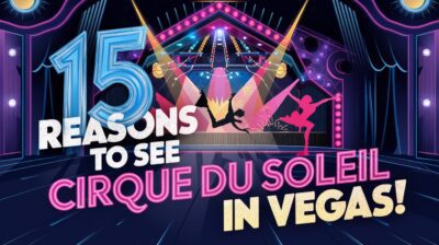 The image should feature bold overlay text in a striking style that reads, "15 Reasons to See Cirque du Soleil in Vegas!" The background should include elements related to Cirque du Soleil and Las Vegas entertainment, such as vibrant acrobatic silhouettes in mid-performance, a dramatic stage with colorful lights, and whimsical, artistic costumes. Incorporate bright neon colors like electric blue, hot pink, and neon yellow to attract attention without overcrowding the design. Include "ballenvegas.com" in the footer in a clear, readable font for brand visibility.