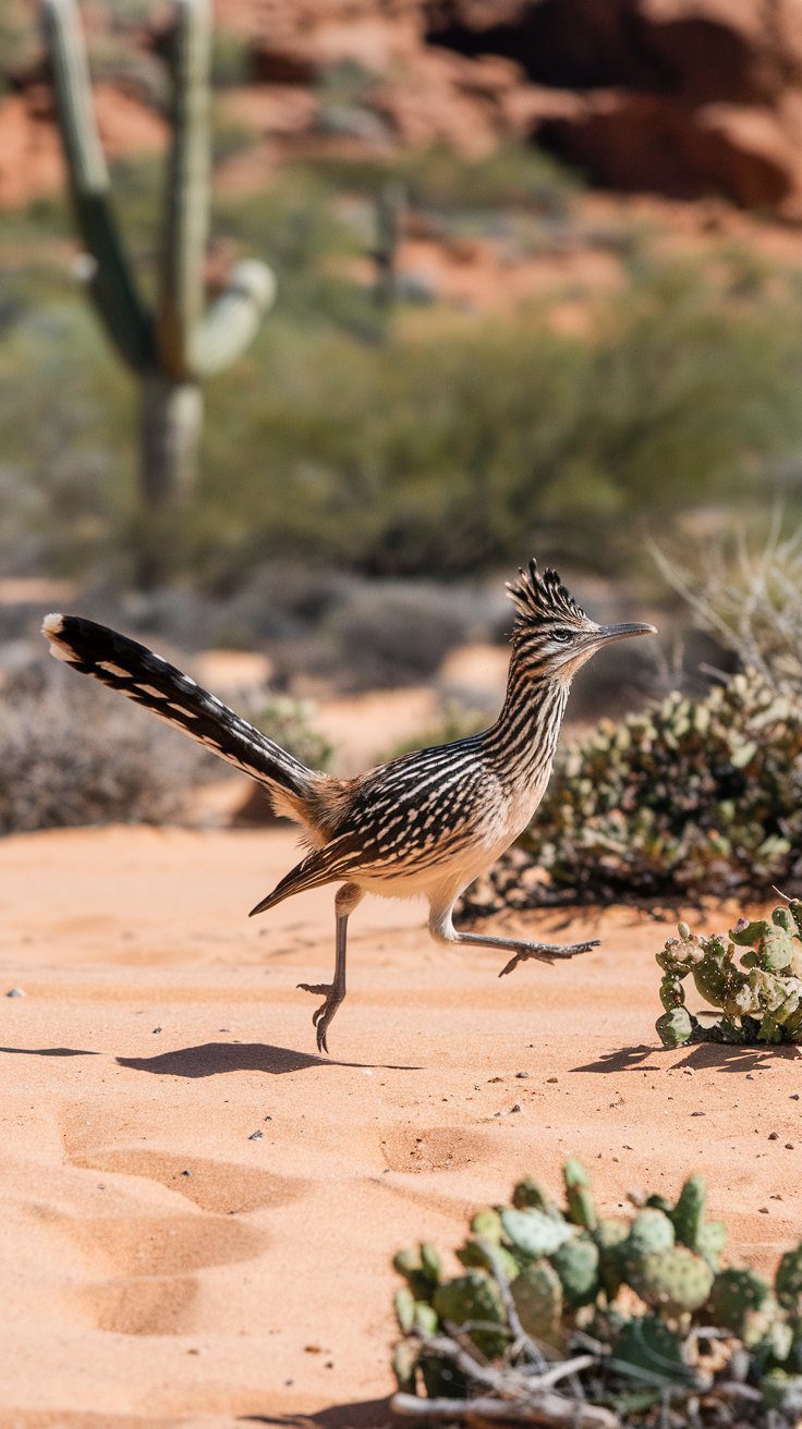 Roadrunner: The Desert’s Speedster

Beep beep! The roadrunner isn’t just a cartoon character—it’s a real bird, and it’s fast! These quirky creatures dart across the desert floor, hunting insects, lizards, and even small snakes. Watching one zip by is a moment you won’t forget.

Where to Spot Them: Try Wetlands Park or Floyd Lamb Park at Tule Springs for your best chance of spotting these speedy birds.

Picture this: A sleek roadrunner dashes across the sandy landscape, its long tail and crest feathers bouncing with every step. Its eyes glint with determination as it pauses just long enough for you to marvel at its quick moves.