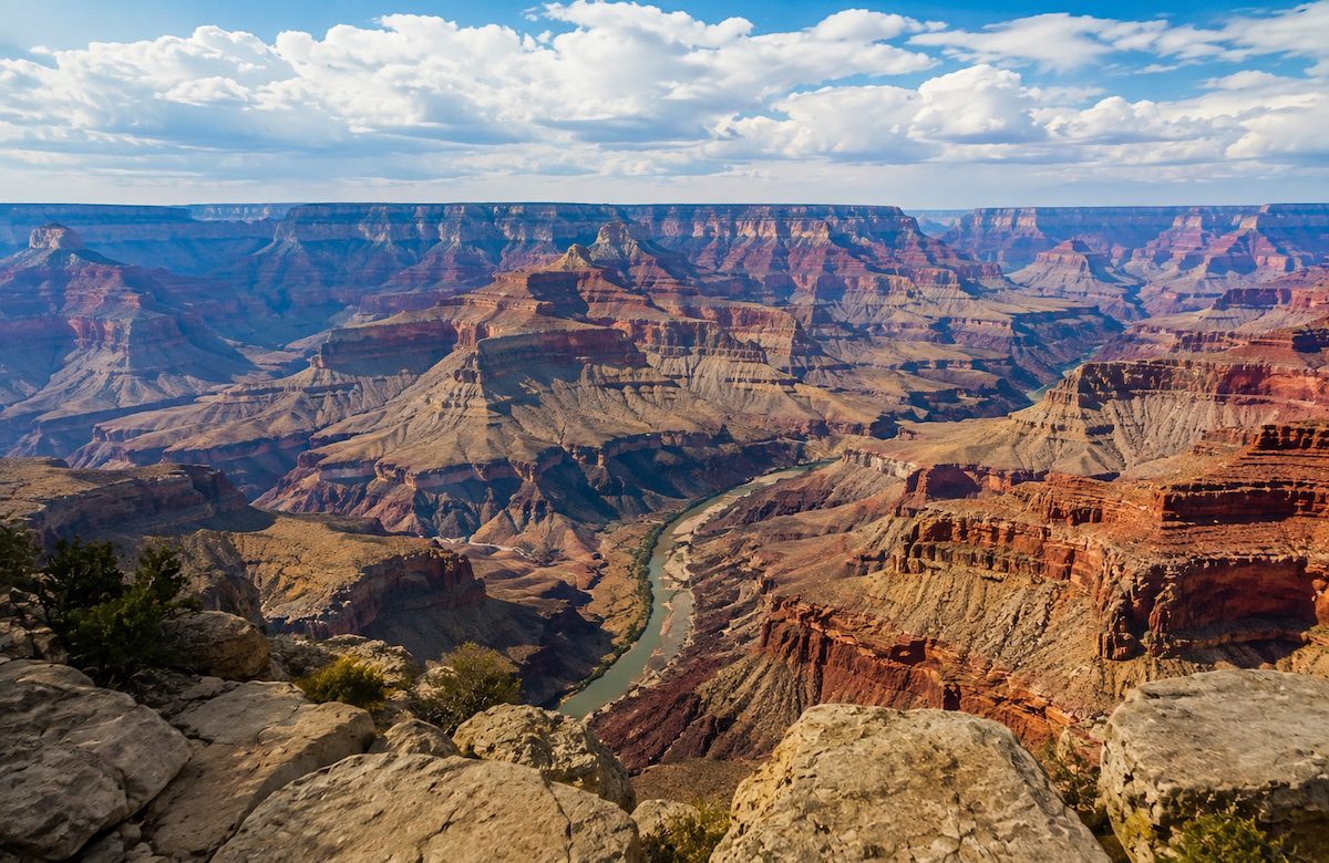 Layered rock walls of the Grand Canyon seen from the rim